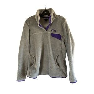Patagonia Women’s Gray 1/4 Snap Fleece Sweater With Purple Trim Size XL